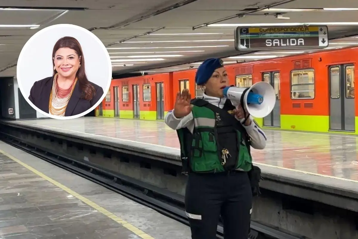 De fondo vagón del Metro CDMX, policía con altavoz, Clara Brugada, jefa de Gobierno de la Ciudad de México Foto: Gobierno Federal | STC Metro l Canva