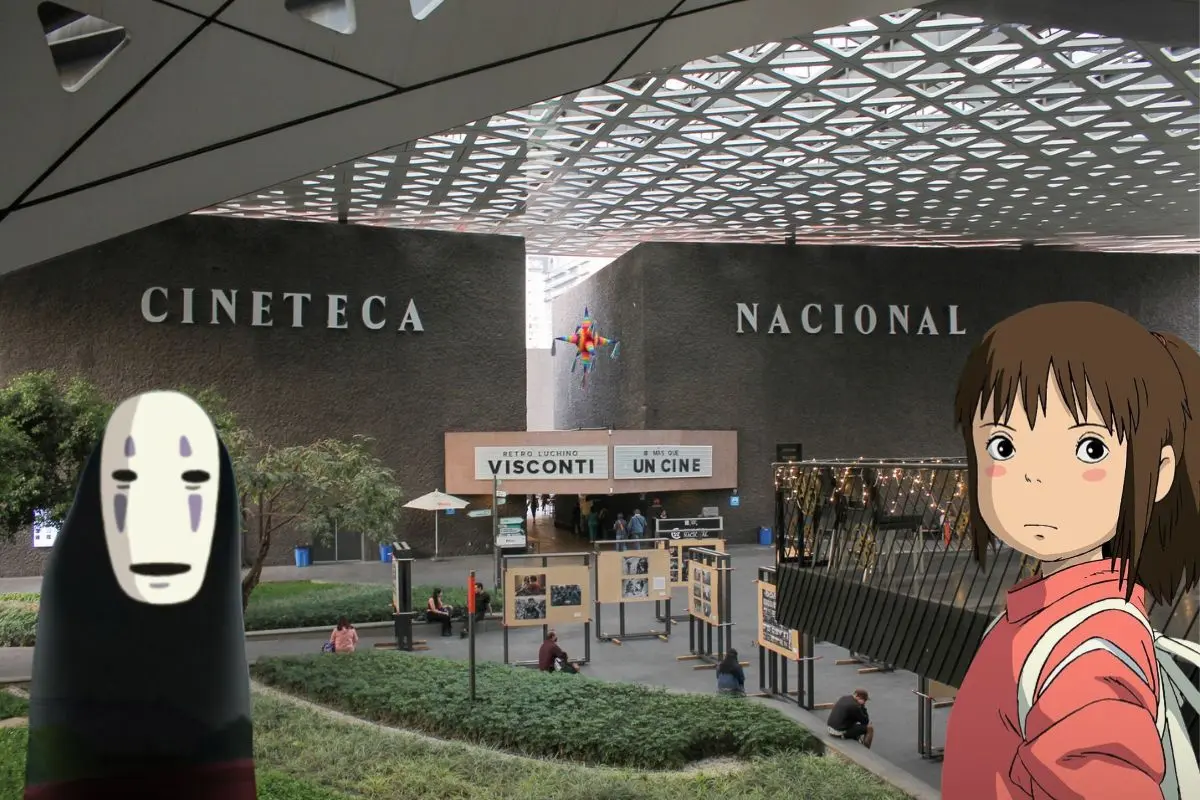 De fondo Cineteca Nacional, personajes de la película, el Viaje de Chihiro. Foto: Studio Ghibli, FB Cinética l Canva