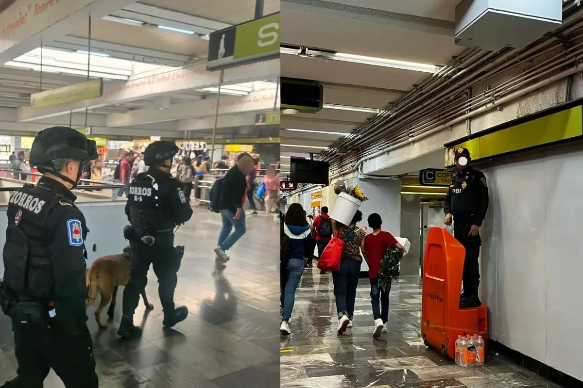 Operativo de elementos de los Zorros con binomios caninos, elemento de la SSC en estación de la Línea 3 del Metro CDMX Foto: SSC | Laura Ávila | Canva