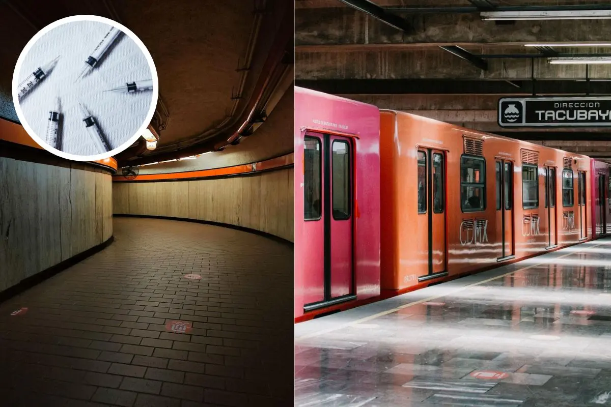 Pasillo de estación del Metro, vagones del Metro CDMX, jeringas. Foto: Iván Macías | Canva