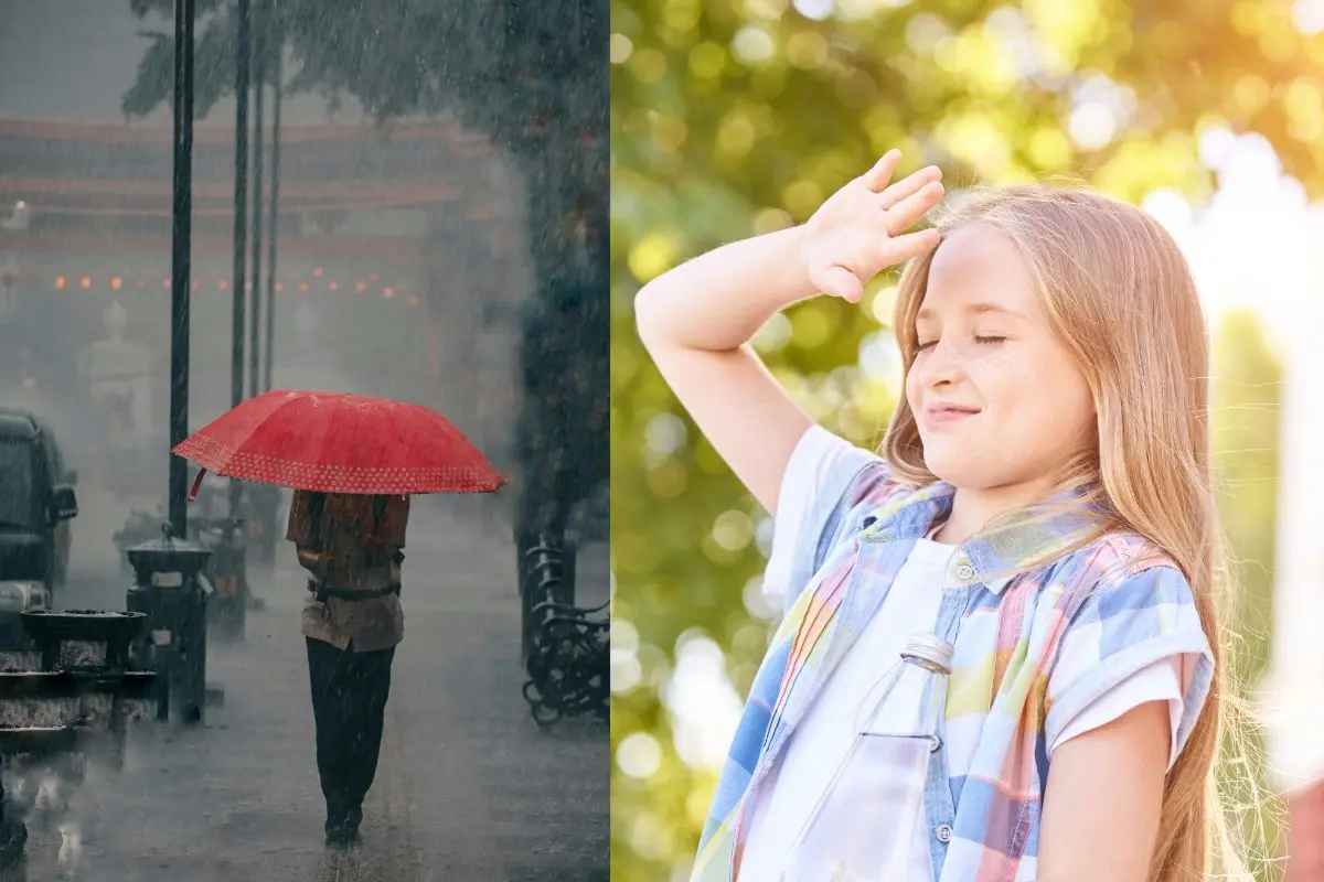 persona caminando bajo la lluvia, persona tapando su cara del Sol. Foto: Canva