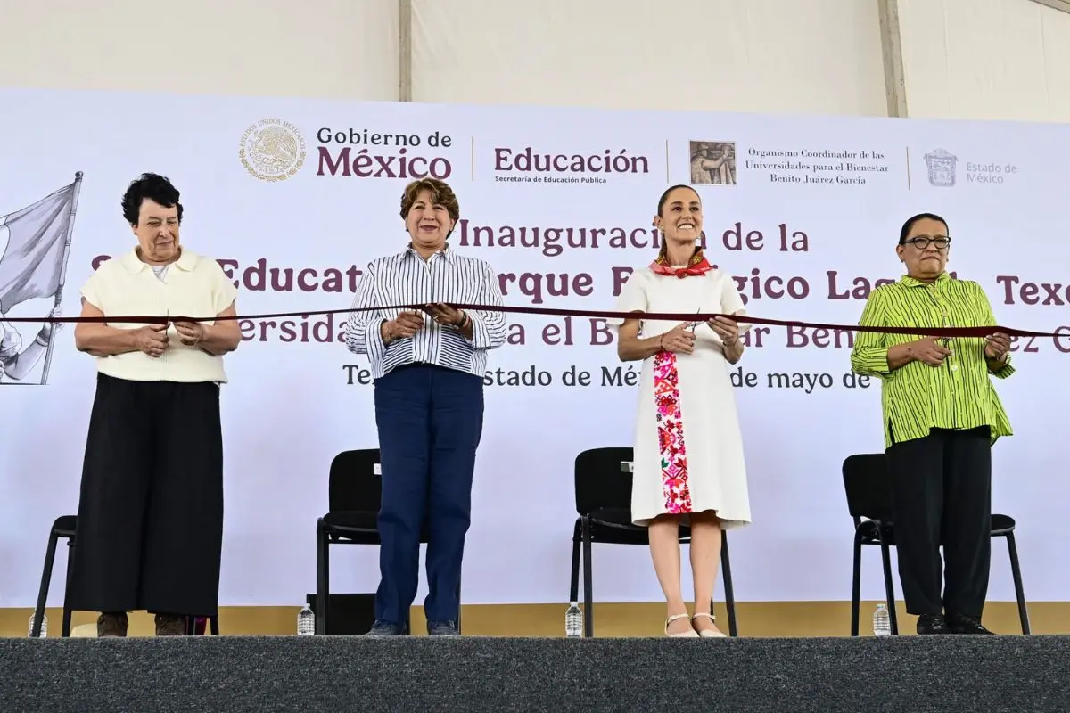 Raquel de la Luz Sosa Elizaga, directora general de las Universidades para el Bienestar, Delfina Gómez, gobernadora del Edomex y Claudia Sheinbaum, Presidenta de México inaugurando la Universidad para el Bienestar del Lago de Texcoco. Foto: Gobierno de México