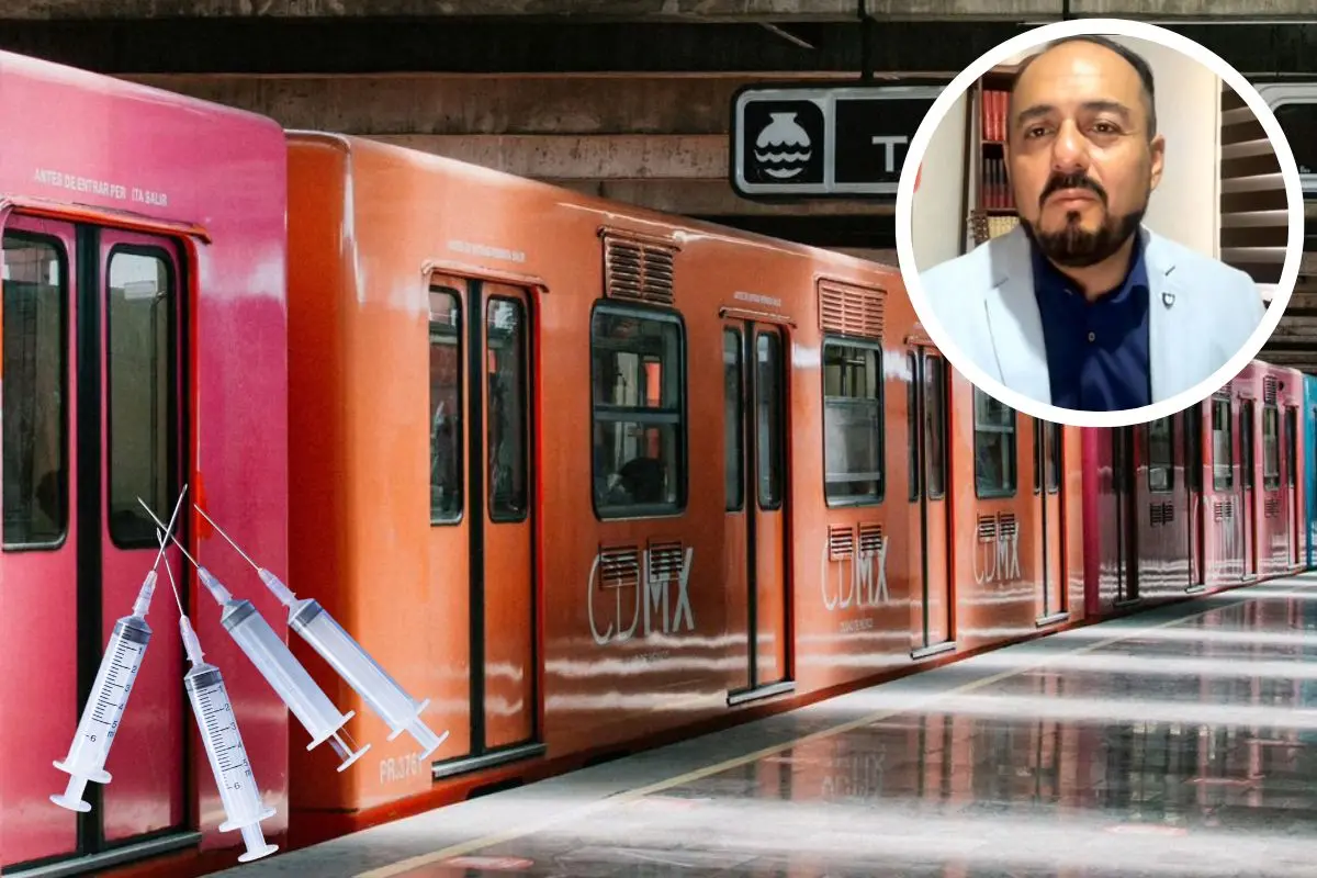 De fondo vagón del Metro CDMX, jeringas, Francisco Rivero criminólogo Foto: Iván Macías | Canva