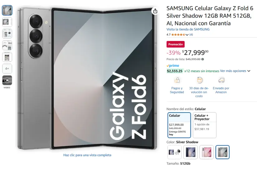 Descubre la increíble oferta de Amazon en el Samsung Galaxy Z Fold 6, ahora con un 39 por ciento de descuento. Foto: Amazon