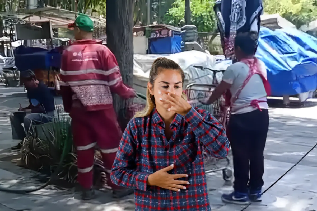 Personal de riego de la CDMX llenando una olla de comerciante en CDMX y una mujer con asco al frente. Foto: X (@JCWilliams54) | Canva | Freepik
