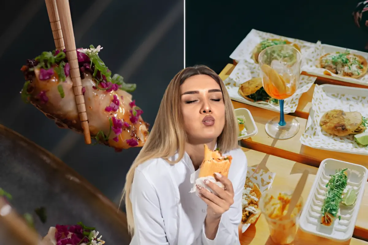 Mujer comiendo y de fondo platillos del festival Glotón en CDMX. Foto: IG (distritogloton) | Canva | Freepik