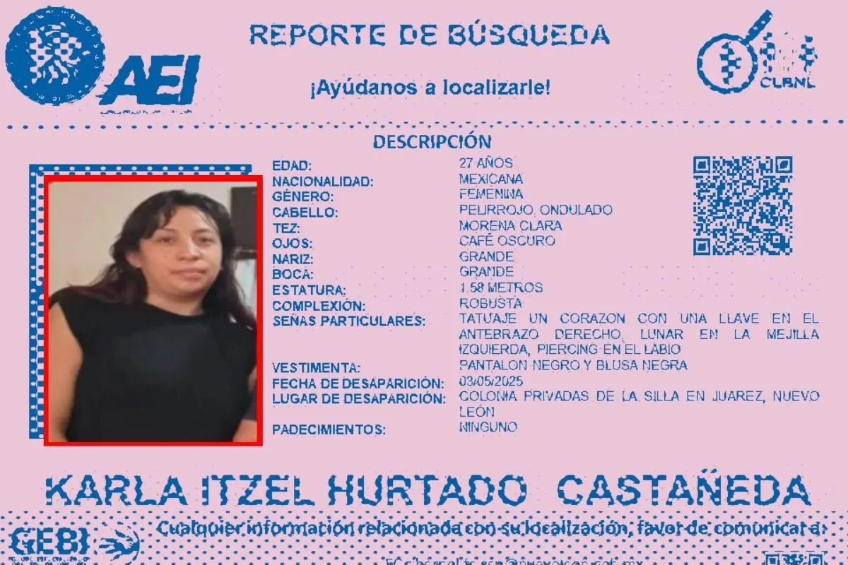 La Fiscalía General de Justicia del Estado de Nuevo León emitió un comunicado de búsqueda para localizar a Karla Itzel Hurtado Castañeda. Foto: Grupo Especializado de Búsqueda Inmediata
