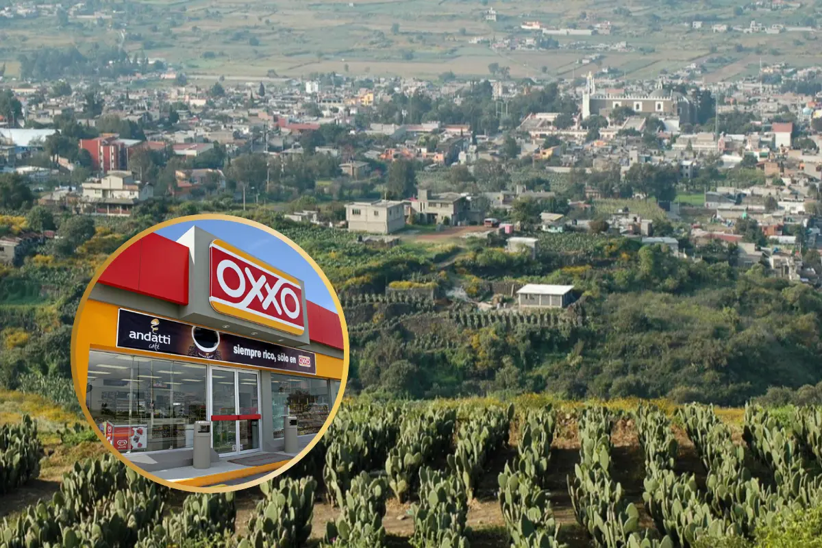 Paisaje de Milpa Alta y una tienda Oxxo. Foto: www.flickr.com y es.wikipedia.org | Canva