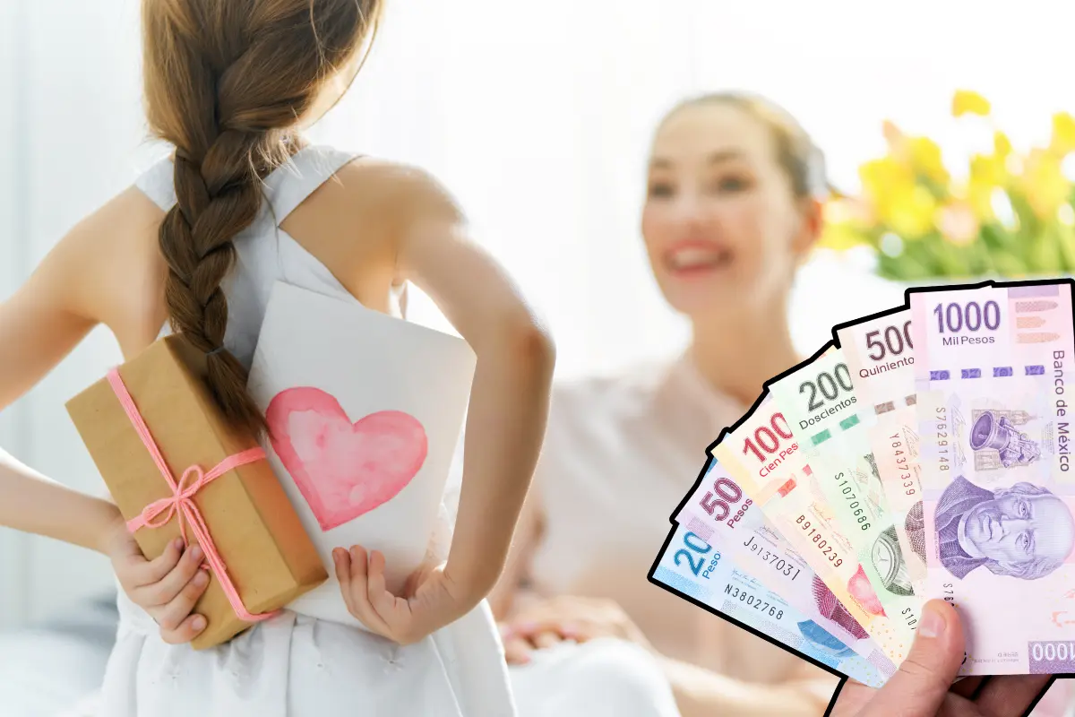 De fondo niña dándole regalo a su mamá, billetes. Foto: Canva