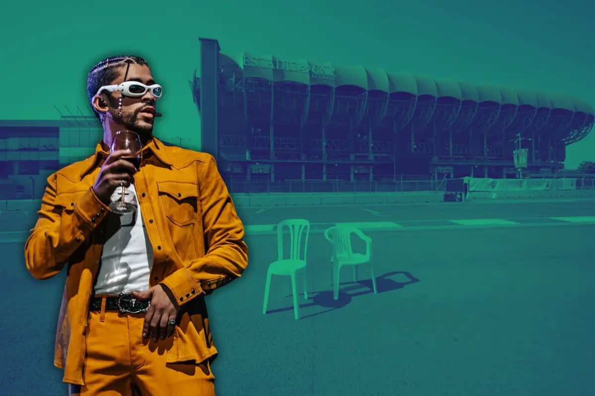 De fondo Estadio GNP con sillas, Bad Bunny. Foto: X @EstadioGNP | X @sanbenito