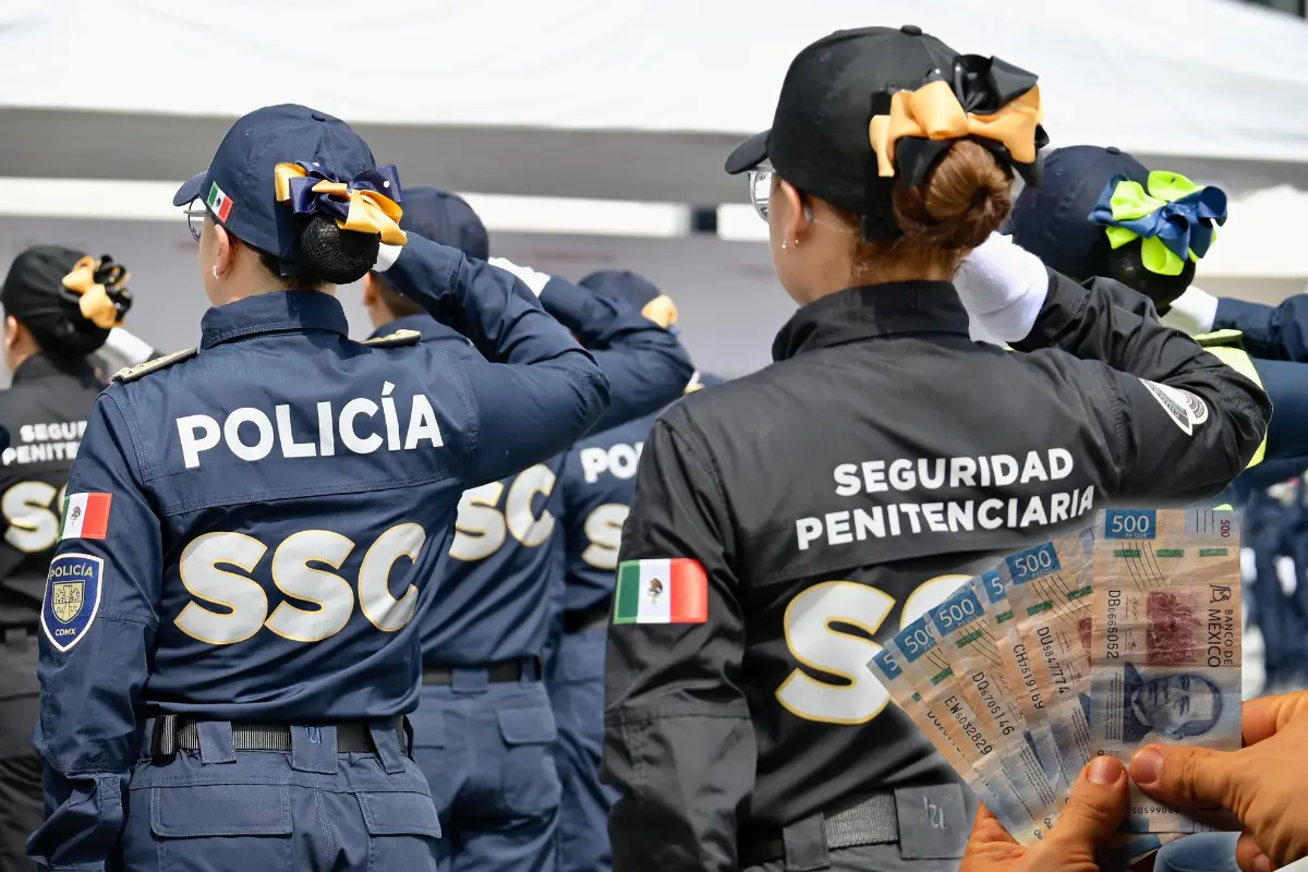 Policías y custodios en CDMX, mano con billetes. Foto: @SSC_CDMX | Canva