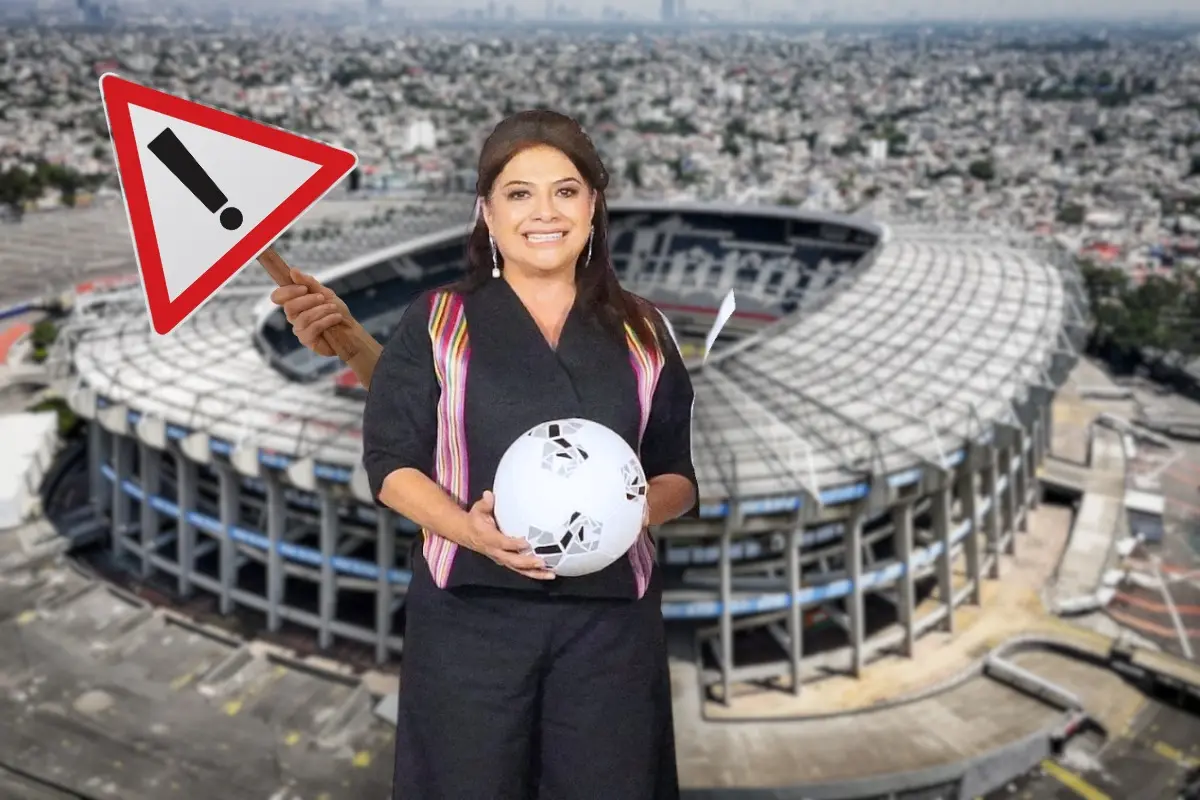 De fondo Estadio Azteca, letrero de alerta, jefa de Gobierno Clara Brugada con balón de futbol Foto: ProtoplasmaKid | @ClaraBrugadaM