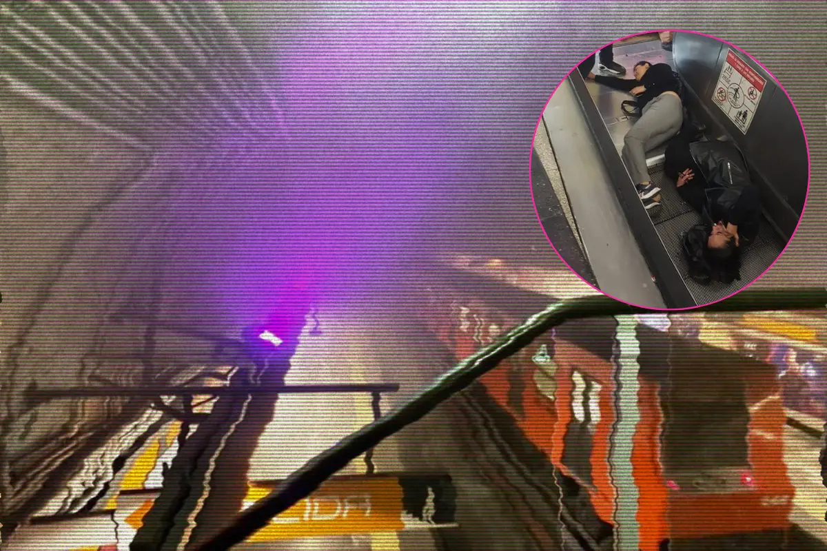 De fondo humo en el Metro, personas que se cayeron en escaleras. Foto: X @GlodeJo07 | X @HalconOnce | Canva