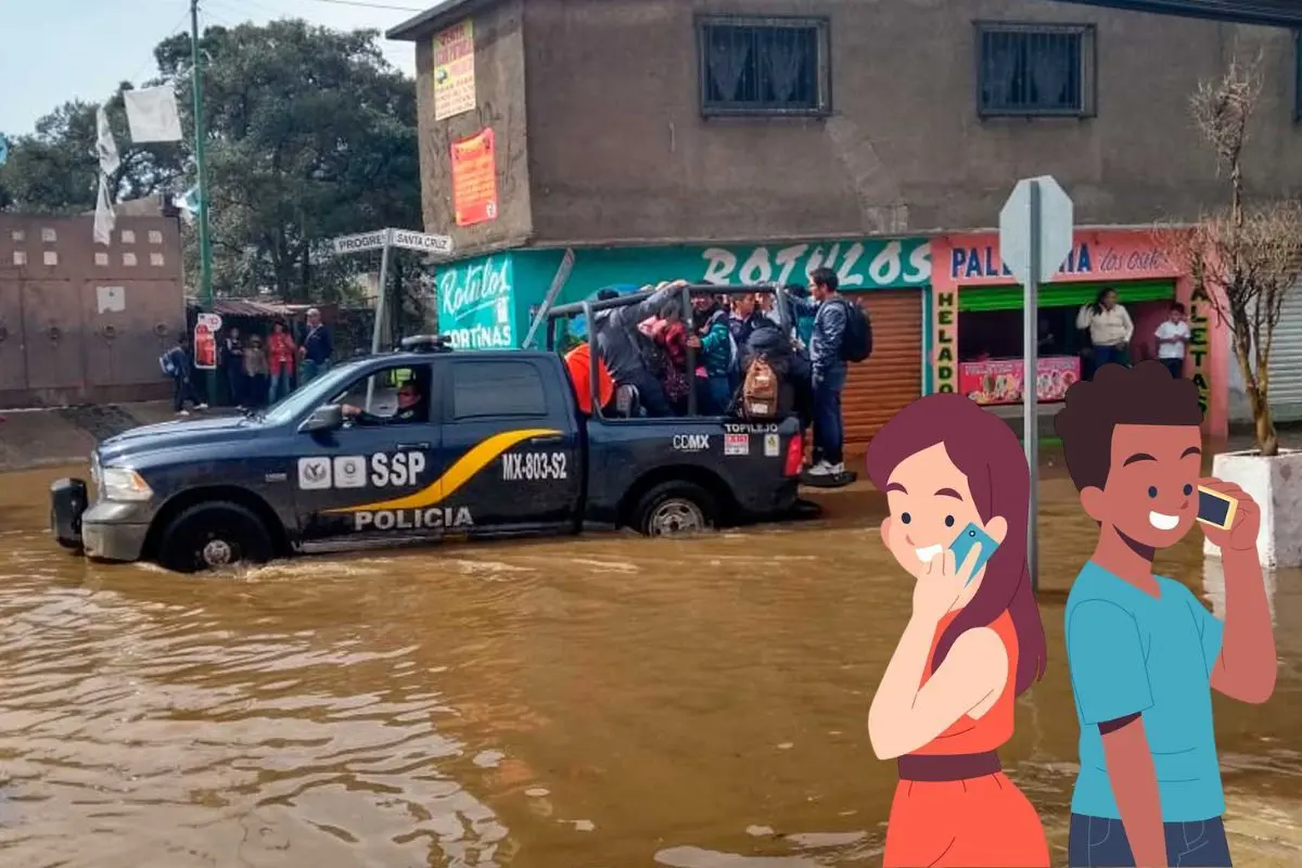 De fondo elementos de la SSC-CDMX apoyando a la ciudadanía durante inundaciones, imagen ilustrativa de personas reportando inundaciones. Foto: SSC-CDMX | Canva