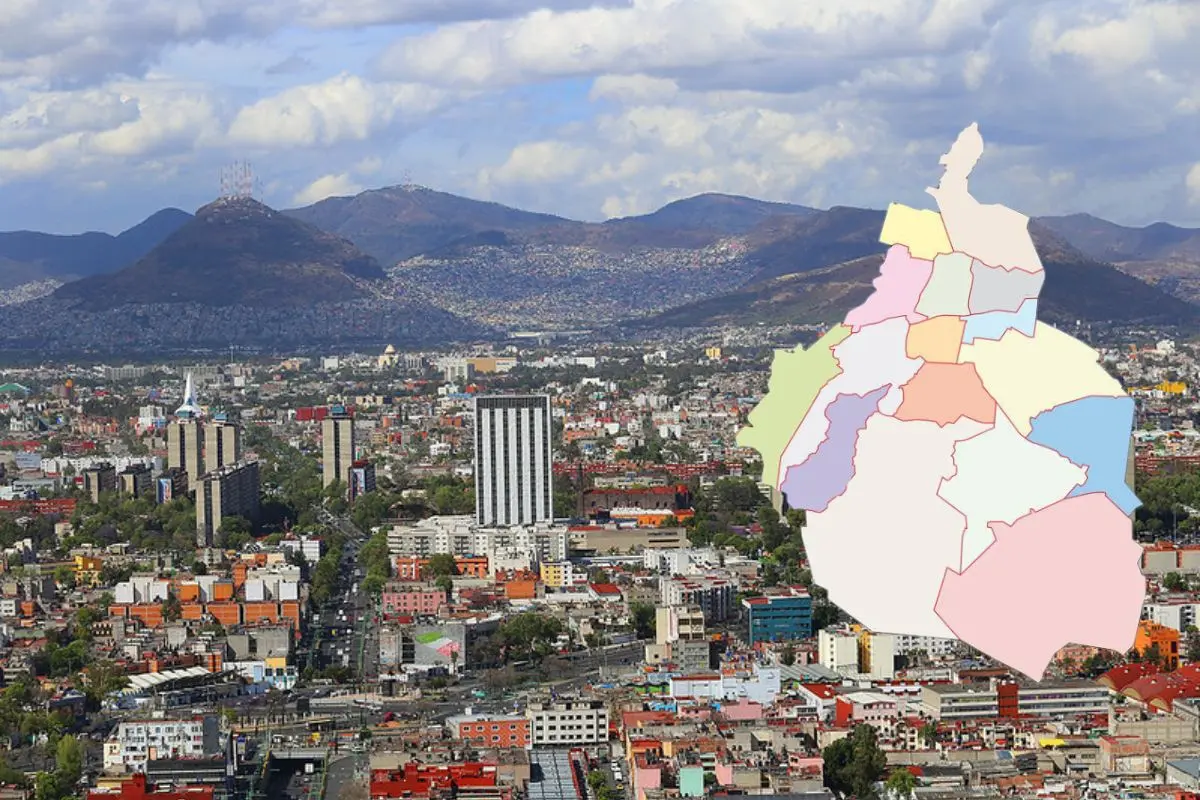 De fondo vista aérea de la Ciudad de México, mapa de la CDMX. Foto: Web Mexico City | Canva