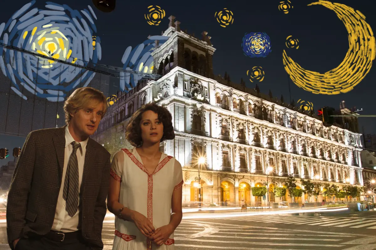 De fondo Palacio de Ayuntamiento CDMX, protagonistas de Medianoche en París, ilustraciones. Foto: Maps (Jorge Reyes) | Canva