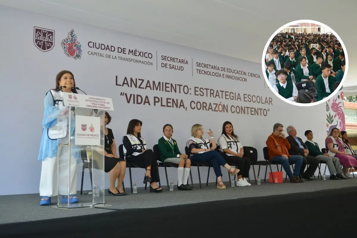 Clara Brugada en la presentación del programa “Vida Plena, Corazón Contento”. Foto: Jefatura de Gobierno CDMX | Canva