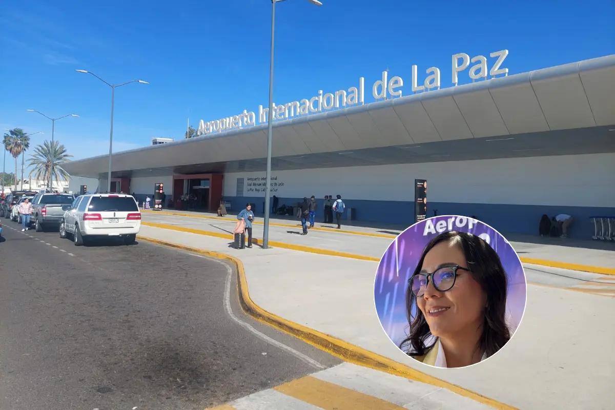 Sarahí Castro Araiza asegura que el Aeropuerto de La Paz mantiene medidas de seguridad tras incidentes aéreos. Foto: Héctor Romero / Joel Cosío / Canva