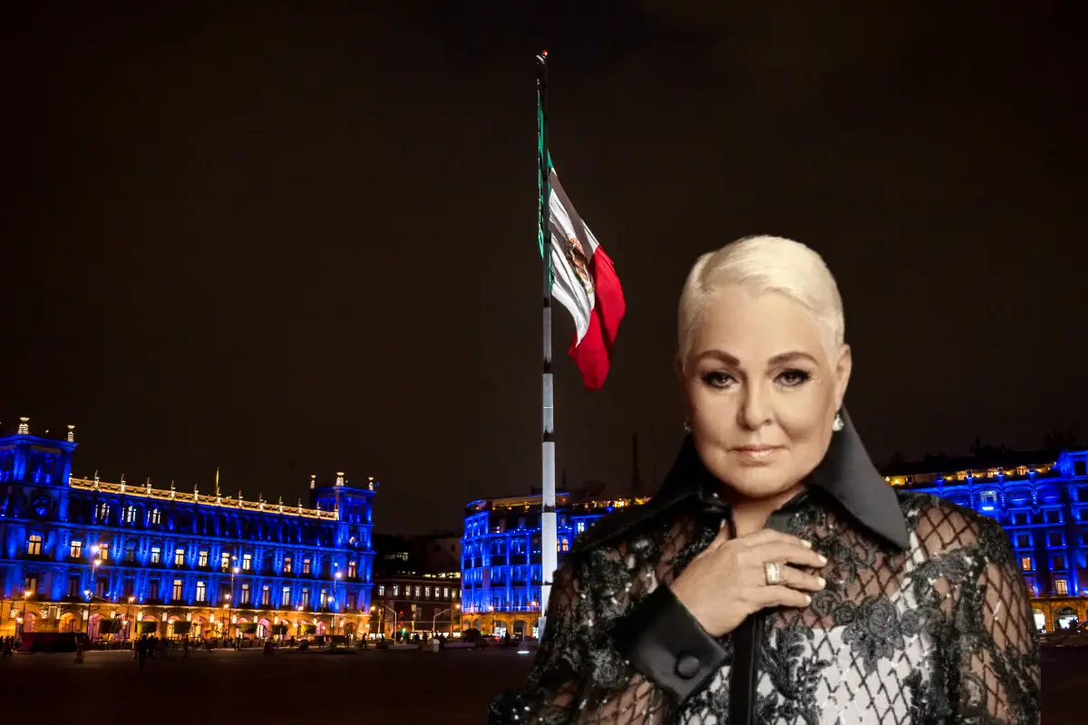 Zócalo CDMX de noche y Lupita D´Alessio. Foto: Canva y @CarLon_2020