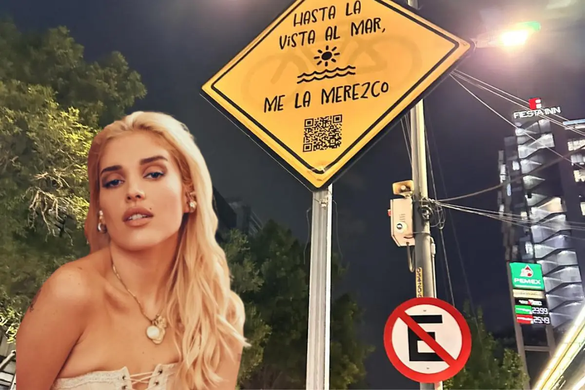 Letreros de tránsito de CDMX, cubiertos con publicidad de cantante, Elena Rose. Foto: @soyelenarose y @KewtopiaHira | Canva