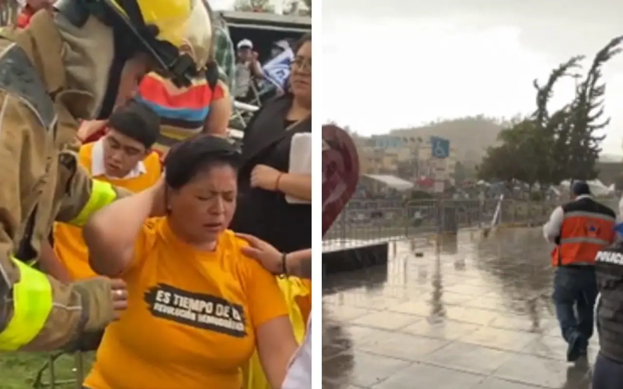 La caída del escenario en GAM revive un accidente similar ocurrido en un evento político en Tecámac, Edomex. Foto: X/@VazquezAli_ (Canva) X/@proceso (Canva)