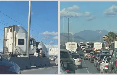 Tractocamión choca contra ballena de concreto en El Sarape; tráfico pesado en ambos sentidos