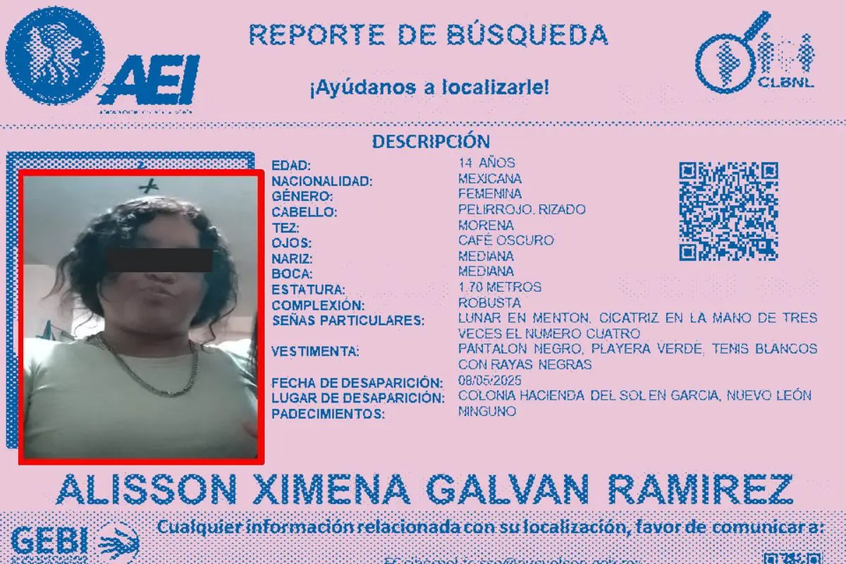 La Fiscalía General de Justicia de Nuevo León emitió un comunicado urgente para solicitar el apoyo de la ciudadanía en la localización de Alisson Ximena Galván Ramírez. Foto: Grupo Especializado de Búsqueda Inmediata