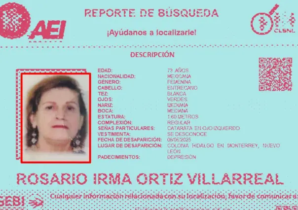 Autoridades solicitan el apoyo de búsqueda a Rosario Ortiz, desaparecida en Monterrey