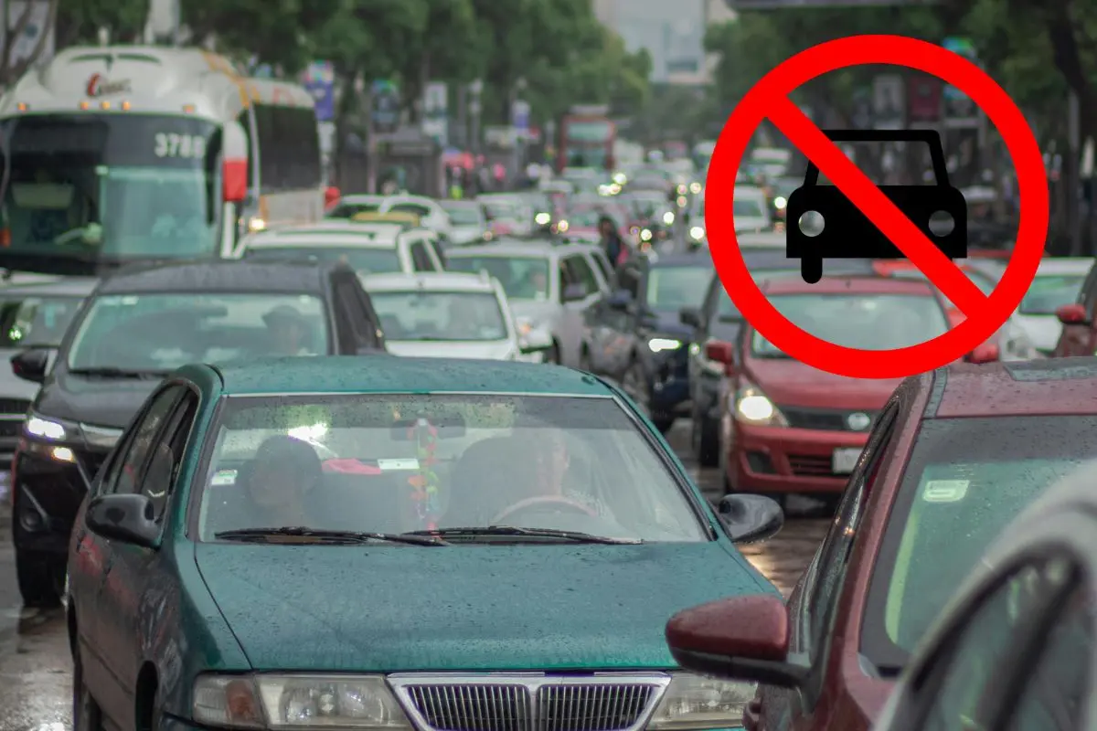 De fondo tránsito en CDMX, ilustración de Hoy No Circula. Foto: Pexels| Canva