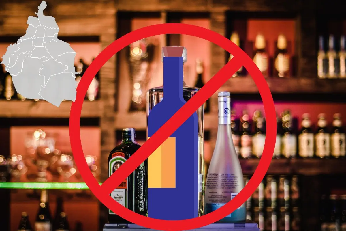 De fondo alcohol, ilustración de prohibido, mapa de CDMX. Foto: Canva