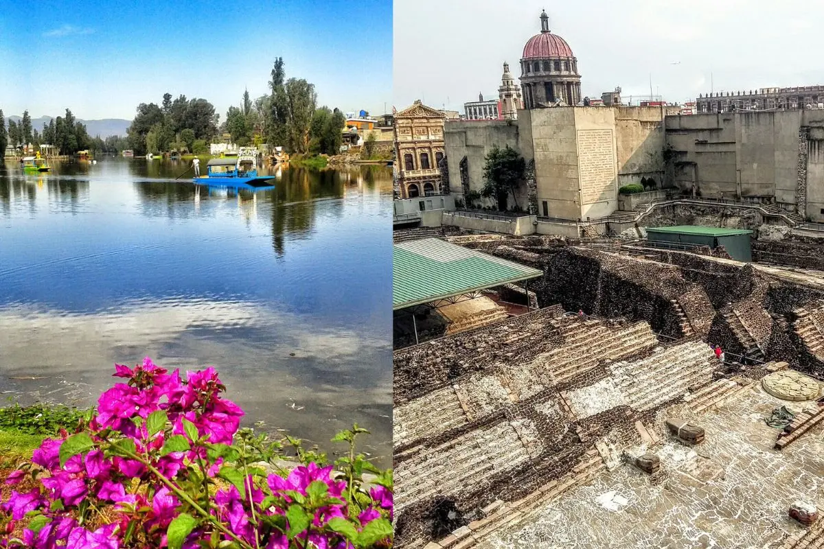 Recorrido por trajinera en los canales de Xochimilco, vista del Templo Mayor.     Foto: Facebook (Programa Paseos Históricos) | Canva