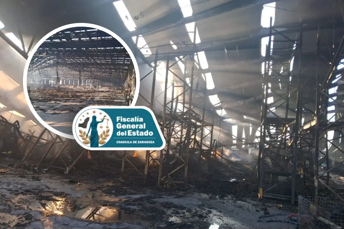 FGE Coahuila investiga incendio en DAIMAY / Fotos: Protección Civil Coahuila | FGE Coahuila | Canva