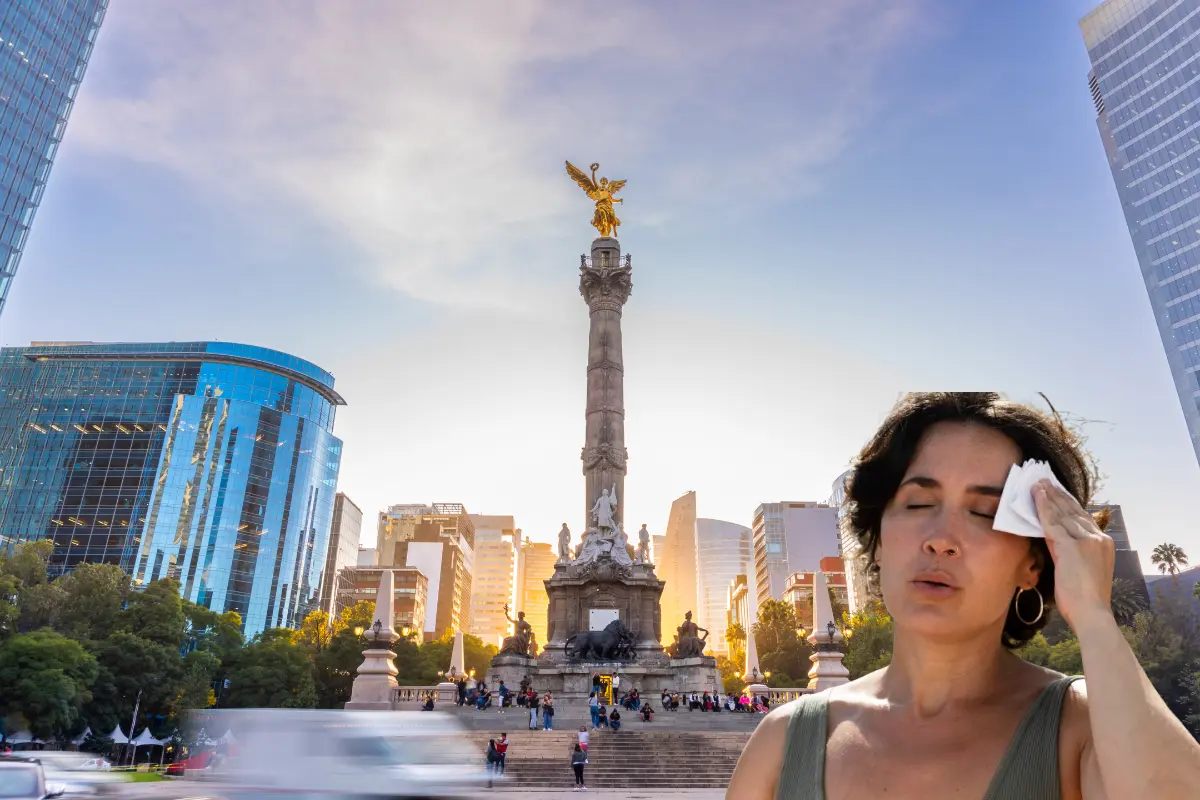Ángel de la Independencia y mujer con calor. Foto Freepik y Canva