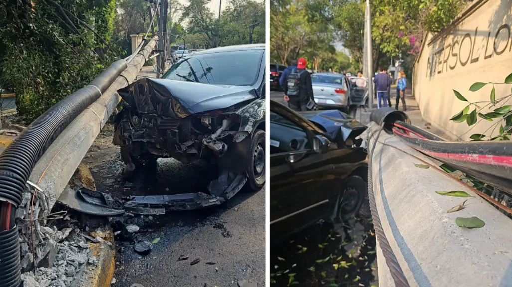 Choque de auto derriba poste en la alcaldía Miguel Hidalgo, hay dos heridos