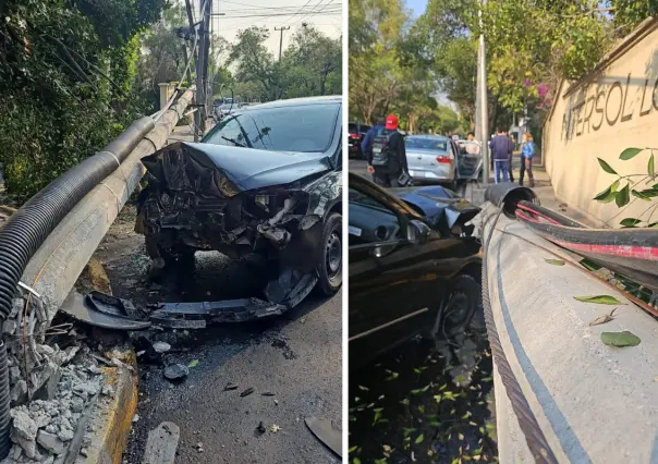 Choque de auto derriba poste en la alcaldía Miguel Hidalgo, hay dos heridos