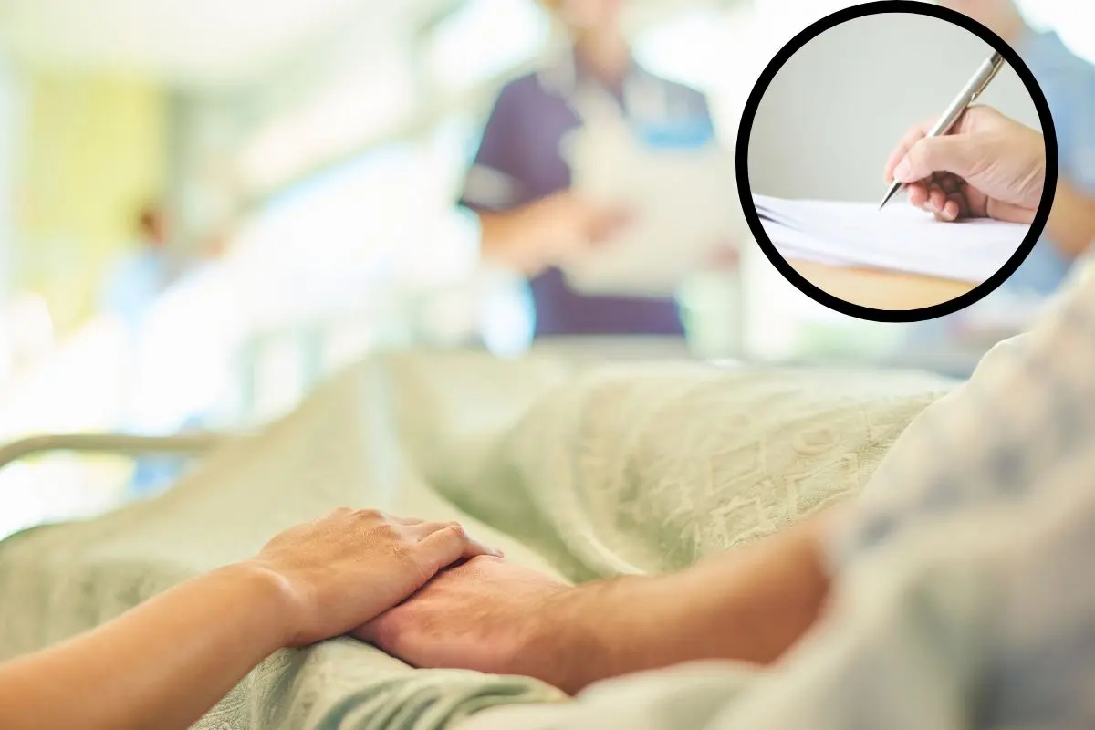 De fondo una persona hospitalizada tomando la mano de otra, persona firmando su Voluntad Anticipada