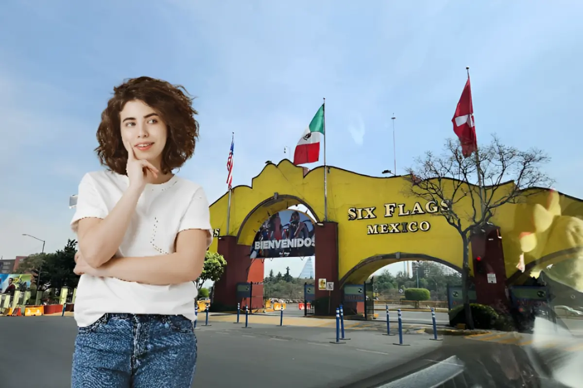 Mujer pensando frente a la entrada de Six Flags en CDMX. Foto: Google Maps (Cesar Luna) | Freepik | Canva