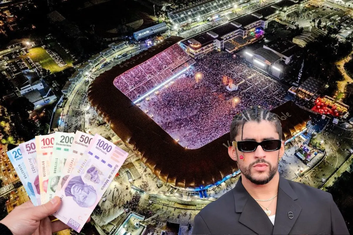 Estadio GNP, persona con billetes, Bad Bunny. Foto: OCESA | IG (@badbunnypr) | Canva