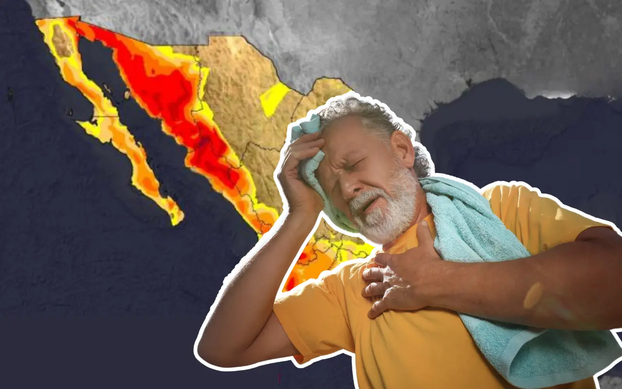 Mapa de México y persona adulta con calor. Foto: Canva / Secretaría de Salud