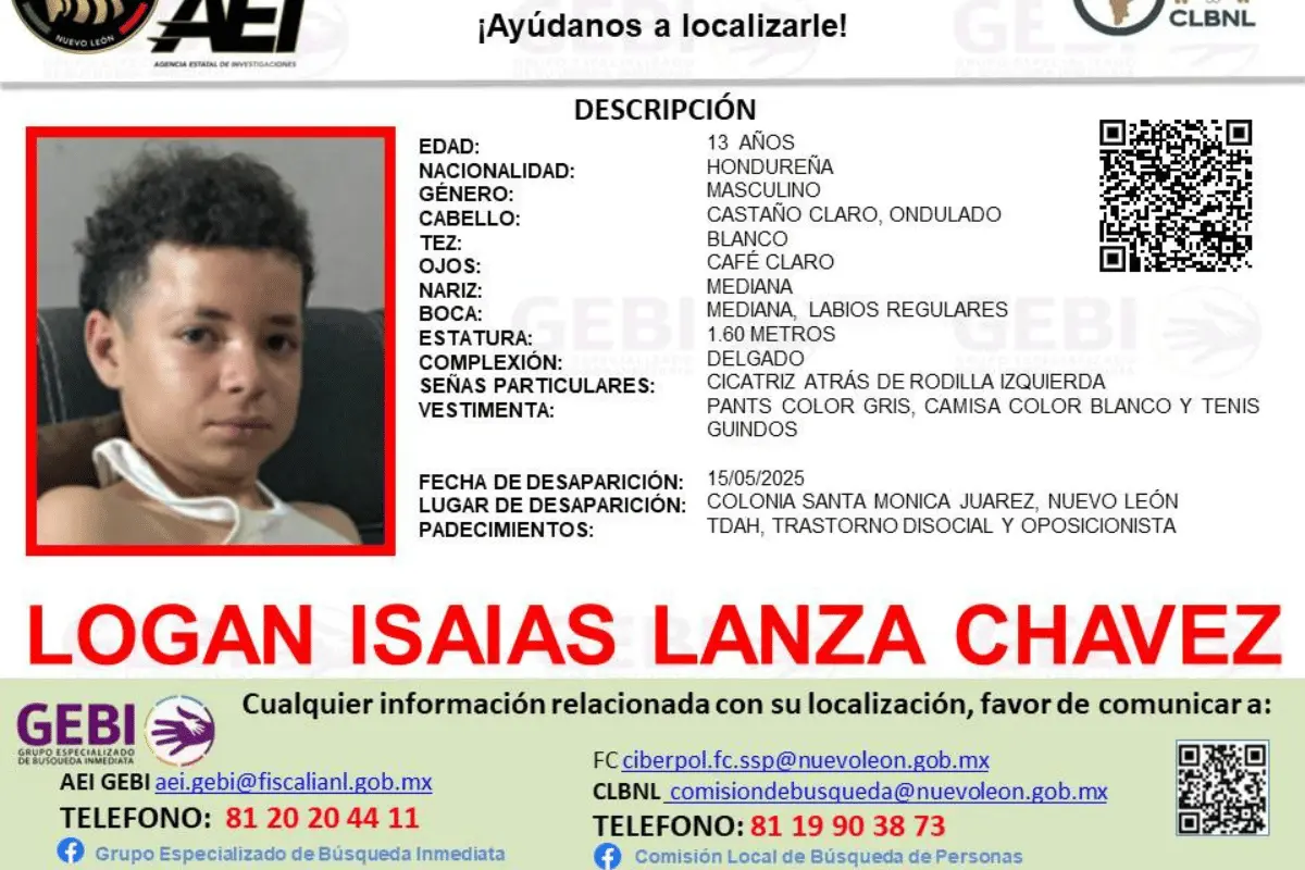 Al momento de su desaparición, vestía pantalón color gris, camisa blanca y tenis guindos. Logan presenta además un diagnóstico médico de TDAH. Foto: Grupo GEBI.