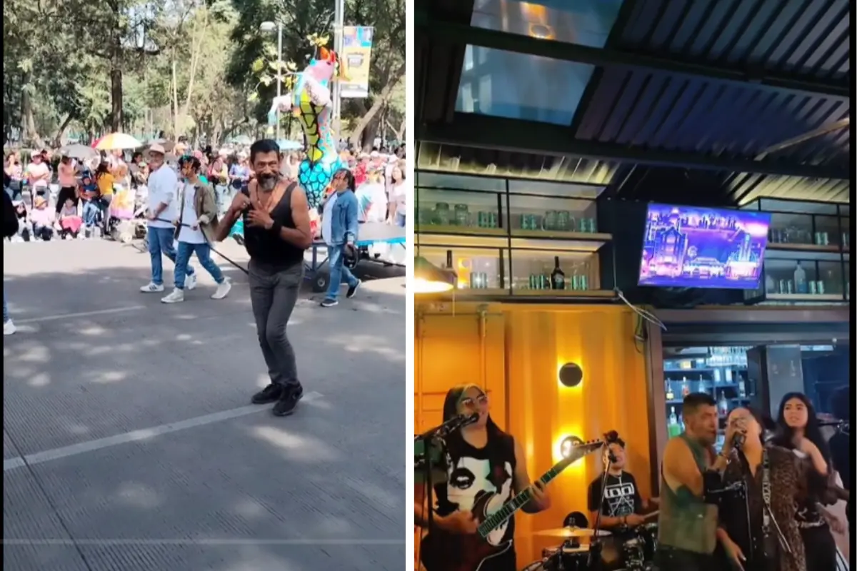 El Rambo en la Alameda Central y en un bar cantando. Foto: Captura de Pantalla @reveil_band | Canva