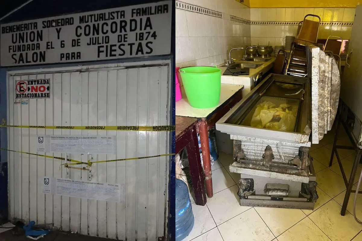 Salón de fiestas Unión y Concordia en la colonia Guerrero con sellos de clausura, ataúdes que eran utilizados como hielera en la fiesta clandestina Foto: X (@AlessandraRdlv) | Canva