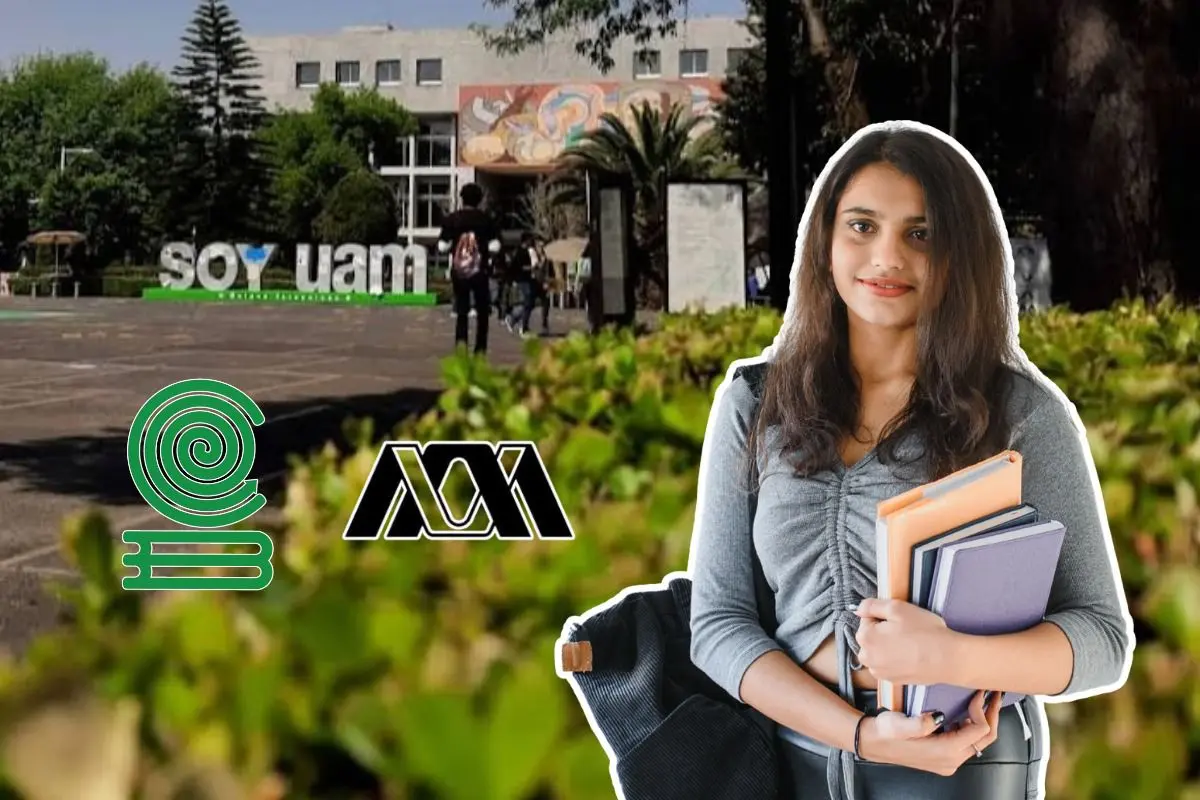 De fondo campus de la UAM, estudiante universitaria, logo Colegio de Bachilleres, logo UAM. Foto: Eduardo García |Canva
