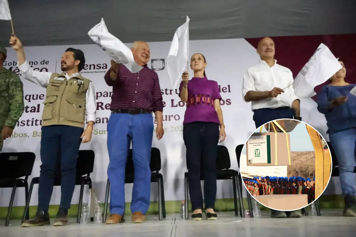 La presidenta Claudia Sheinbaum durante el arranque de obras del nuevo hospital regional del IMSS en Los Cabos, este 18 de mayo. Foto: Gobierno del Estado de BCS / Canva