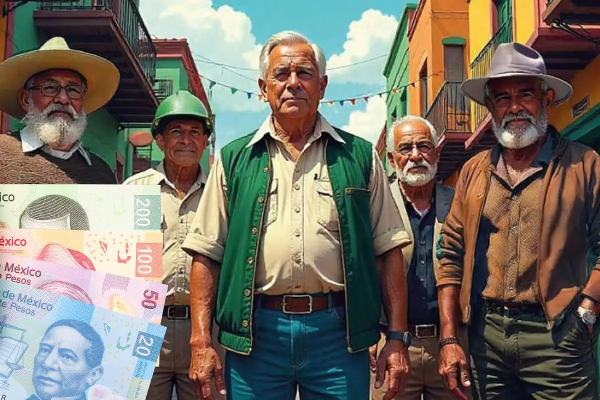 De fondo adultos mayores, billetes de $20 pesos, $50 pesos, $100 pesos y $200 pesos. Foto: X (@SEBIEN_cdmx) | Canva