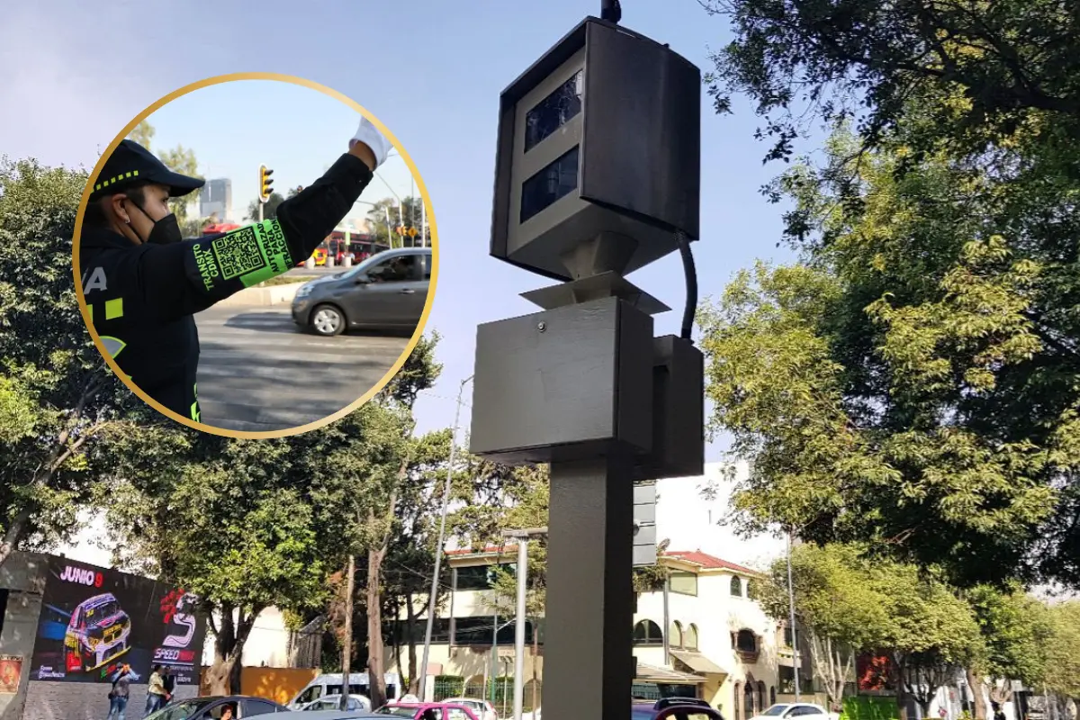 Radares de velocidad y elemento de SSC Tránsito CDMX. Foto: www.tramites.cdmx.gob.mx | Canva