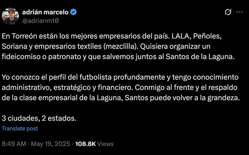 Adrian Marcelo alza la voz en redes sociales por el Santos Laguna / Foto: 