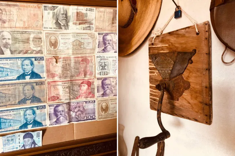 Colección de billetes antiguos / Moledora de café. Foto: Noticias de Mulegé / Facebook