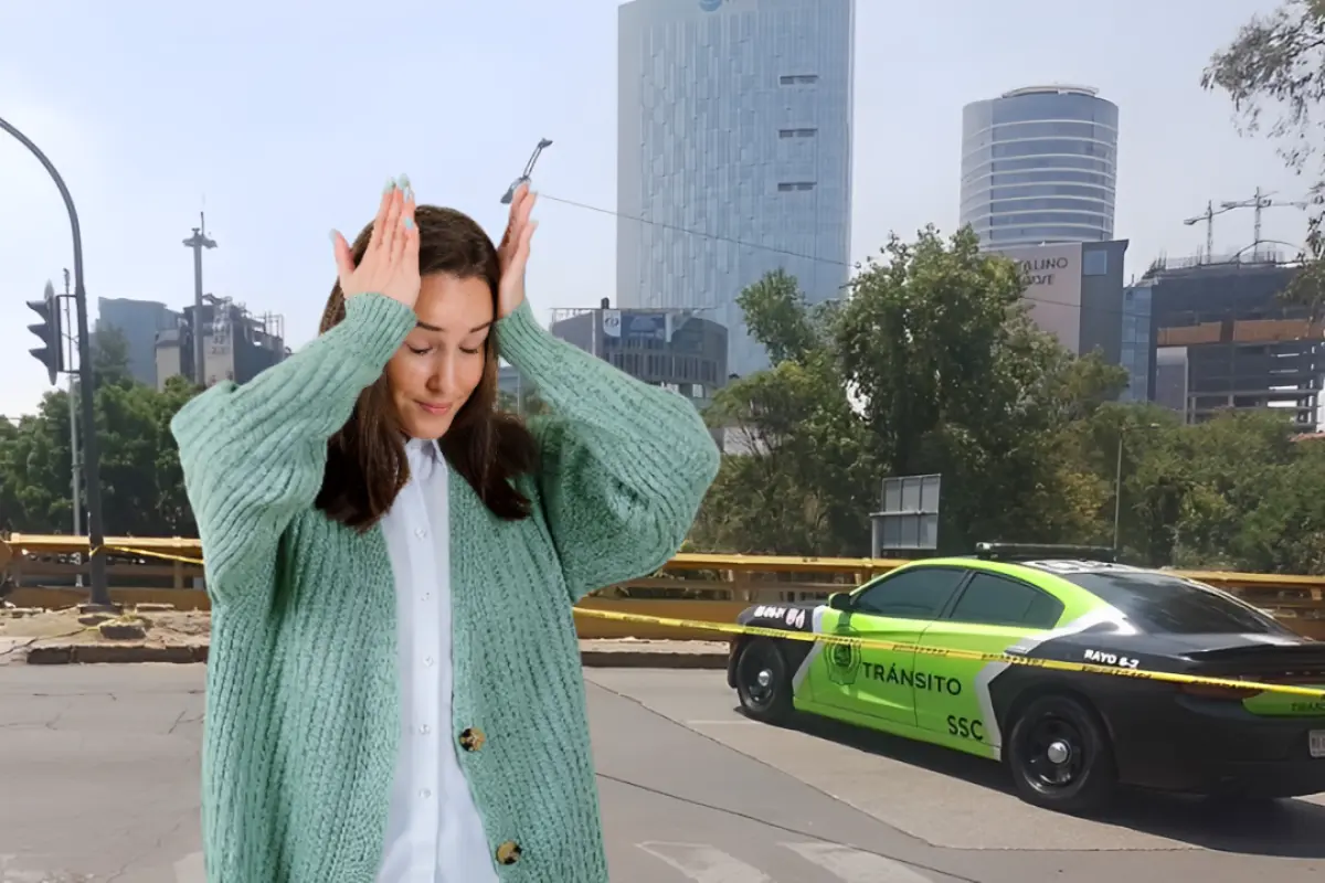 Persona estresada frente a los edificios de CDMX y una calle cerrada por una patrulla de la SSC. Foto: X (@UCS_GCDMX) | Canva | Freepik