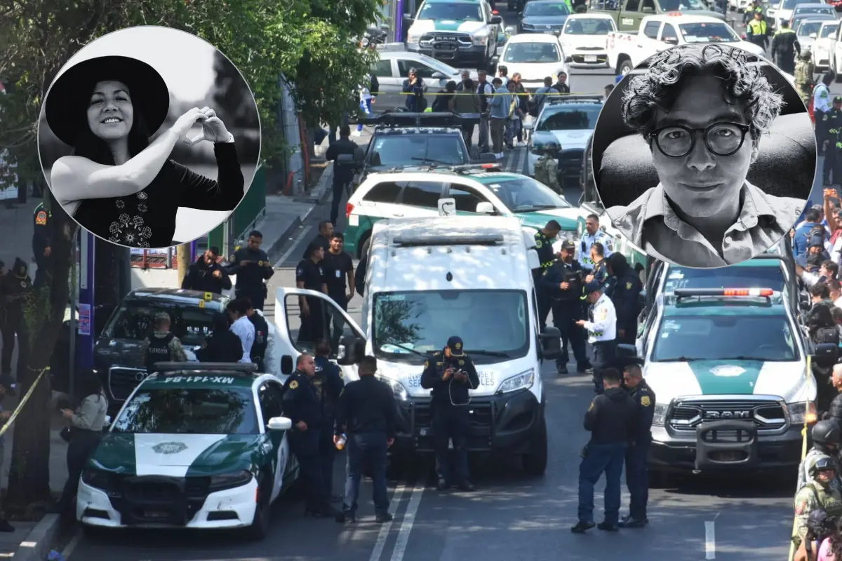 De fondo elementos de seguridad en el lugar del asesinato, secretaria y asesor de Clara Brugada. Foto: Enrique Huerta | FB Ximena Guzmán | X @CapitalMultimed